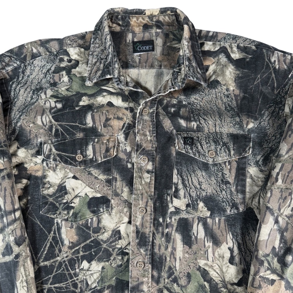 Codet Real Tree Camo Flannel Shirt Mens XL Green Brown Vintage Distressed Camo